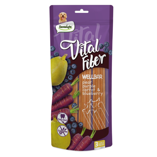 Dentalight Vital Fiber Wellbars 6" Treat For Dogs-Pear,Purple Carrot & Blueberry 250g-3pcs