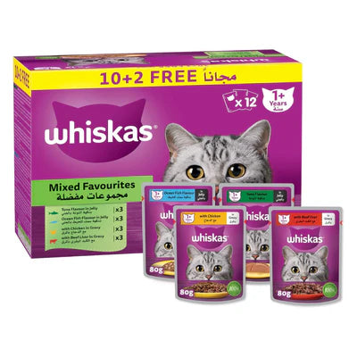 Whiskas Mixed Favourites Wet Cat Food 10+2 Multipack 12X80G