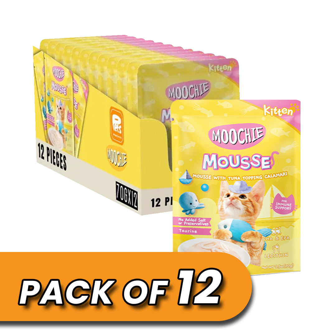 MOOCHIE KITTEN TUNA WITH TOPPING CALAMARI 70g Pouch Pack of 12