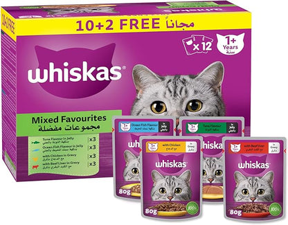 Whiskas Mixed Favourites Wet Cat Food 10+2 Multipack 12X80G