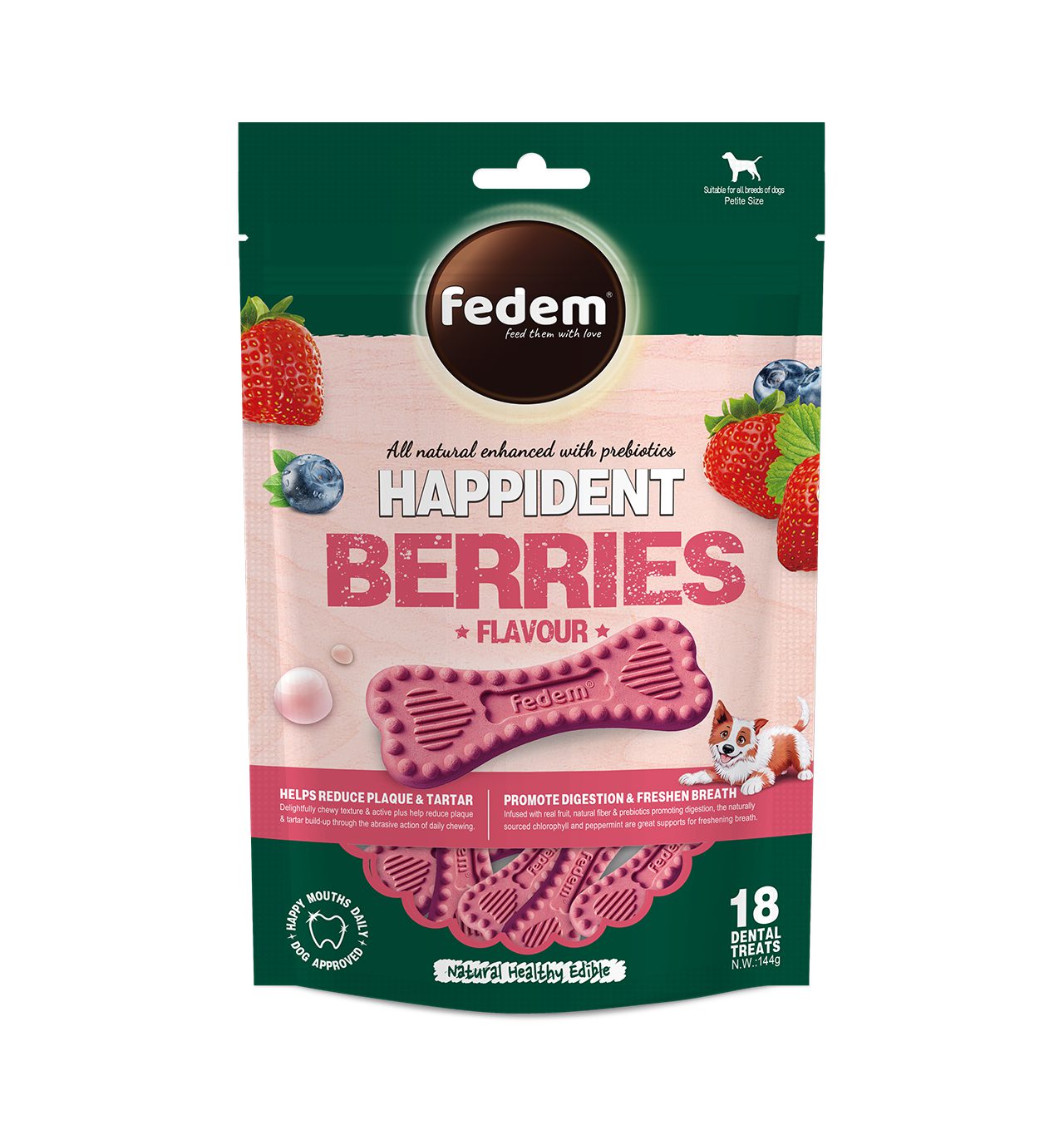 Fedem Happident Petite Dog Treats – Berries Flavour 144g (18 pcs)