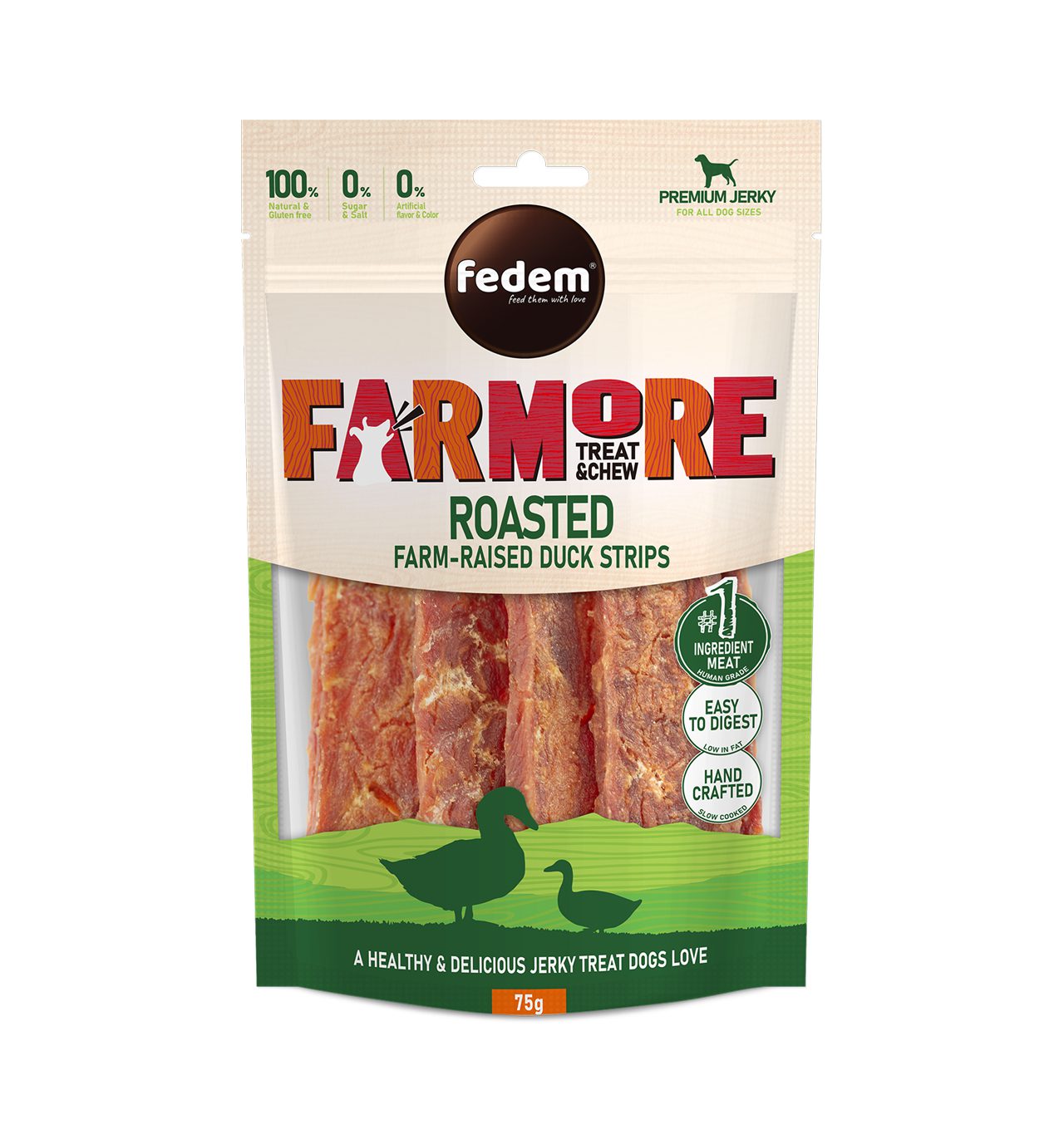 Fedem Farmore Jerky for Dogs – Roasted Farm-Raised Duck Strips 75g