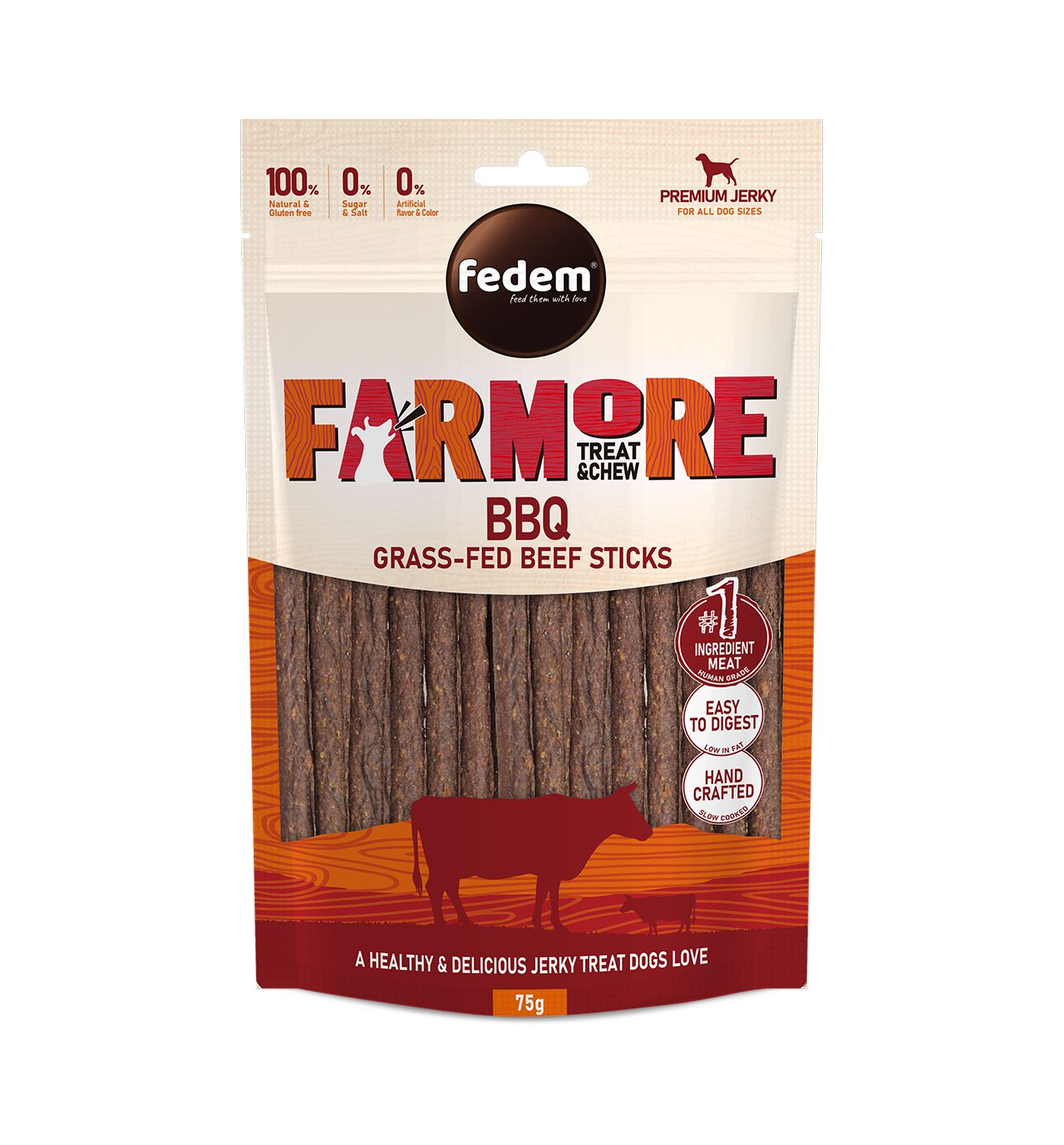 Fedem Farmore Jerky for Dogs – BBQ Grass-Fed Beef Strips 75g