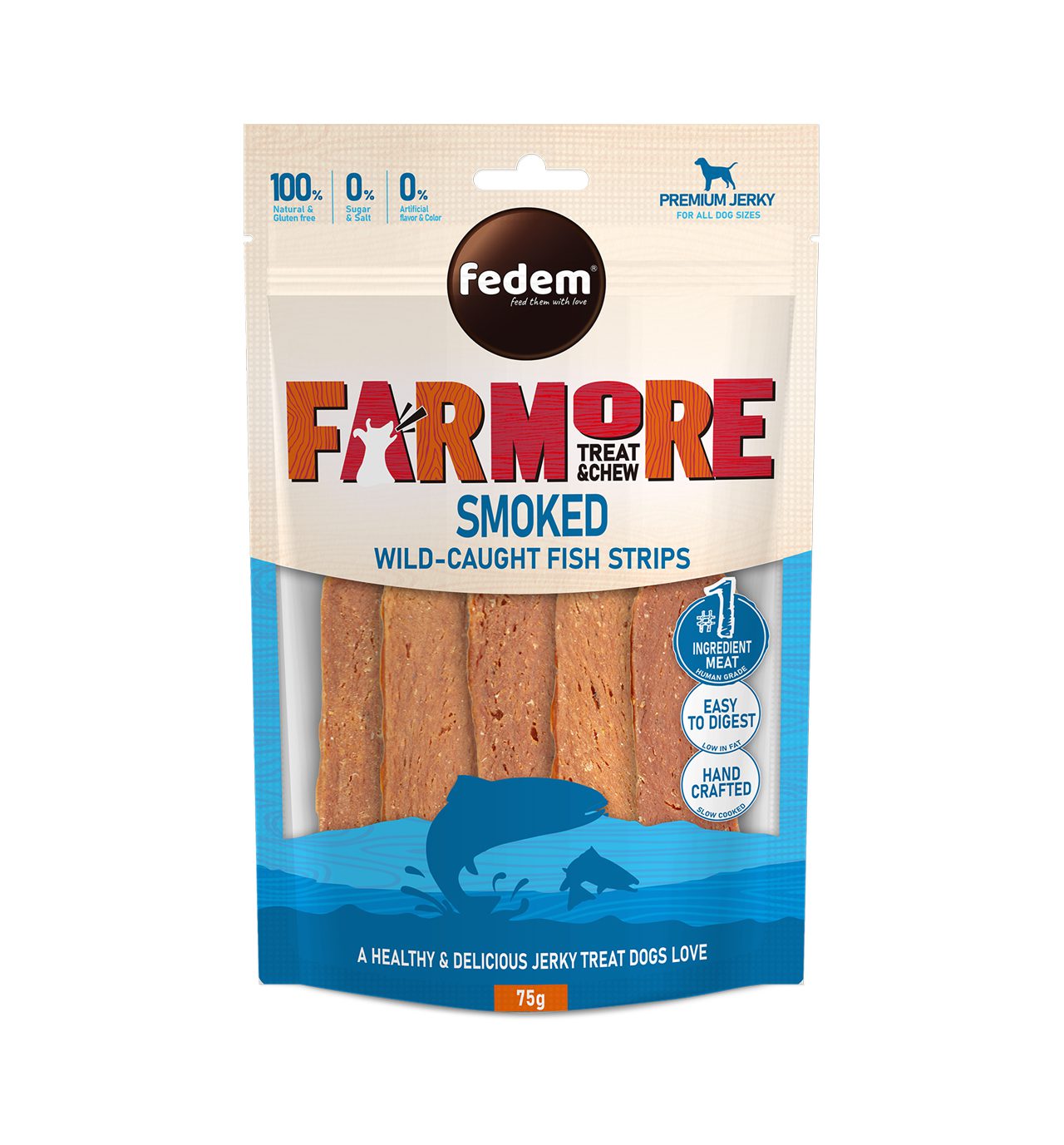 فيدم فارمور جيركي للكلاب - شرائح سمك مدخن بري الصيد 75 غرام