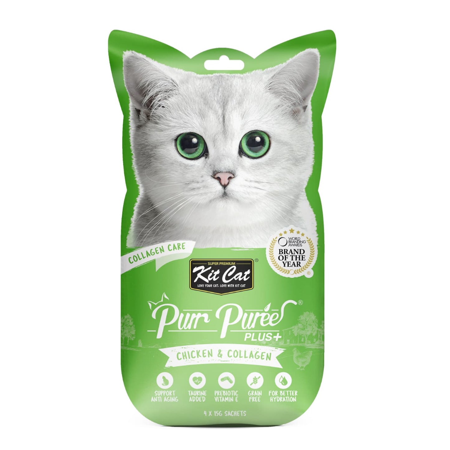 Kit Cat Purr Puree Plus+ Chicken & Collagen (Collagen Care) 4x15g Sachets