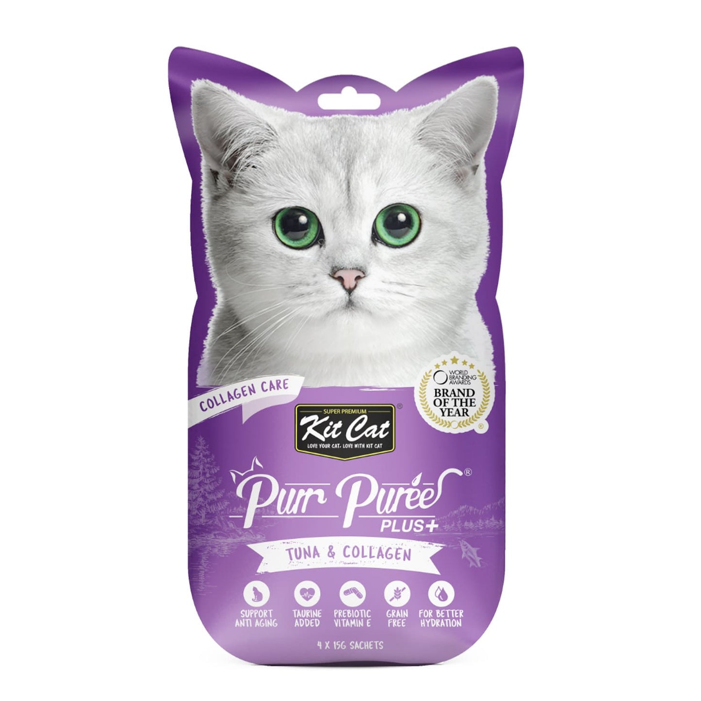 Kit Cat Purr Puree Plus+ Tuna  & Collagen (Collagen Care) 4x15g Sachets