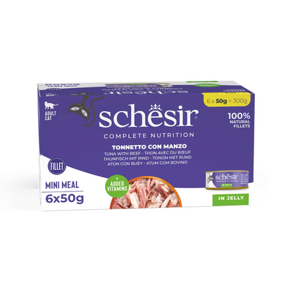 طعام القطط الرطب Schesir Complete &amp; Balanced Nutrition في علبة جيلي [عبوة متعددة] - تونة مع لحم بقري - (6 × 50 غرام)