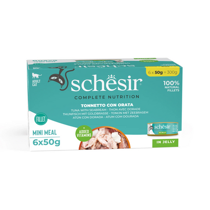 طعام القطط الرطب Schesir Complete &amp; Balanced Nutrition في علبة جيلي [عبوة متعددة] - تونة مع سمك الدنيس - (6 × 50 جم)