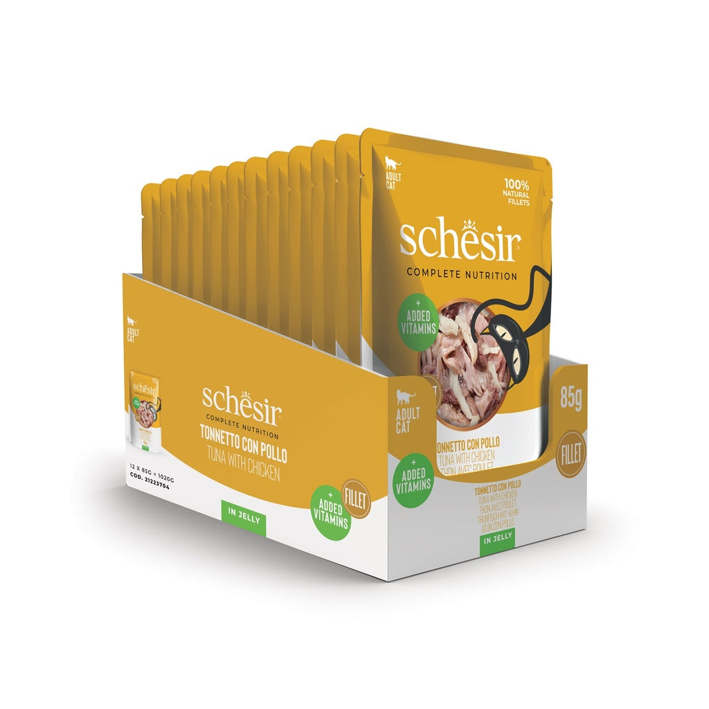 طعام القطط الرطب Schesir Complete &amp; Balanced Nutrition في أكياس جيلي - تونة مع دجاج 85 غرام [الحد الأدنى للطلب: 12 قطعة]