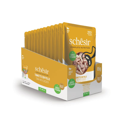 طعام القطط الرطب Schesir Complete &amp; Balanced Nutrition في أكياس جيلي - تونة مع دجاج 85 غرام [الحد الأدنى للطلب: 12 قطعة]