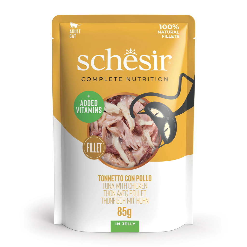 طعام القطط الرطب Schesir Complete &amp; Balanced Nutrition في أكياس جيلي - تونة مع دجاج 85 غرام [الحد الأدنى للطلب: 12 قطعة]