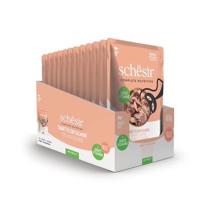 طعام القطط الرطب Schesir Complete &amp; Balanced Nutrition في أكياس جيلي - تونة مع سلمون 85 غرام [الحد الأدنى للطلب: 12 قطعة]