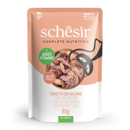 طعام القطط الرطب Schesir Complete &amp; Balanced Nutrition في أكياس جيلي - تونة مع سلمون 85 غرام [الحد الأدنى للطلب: 12 قطعة]