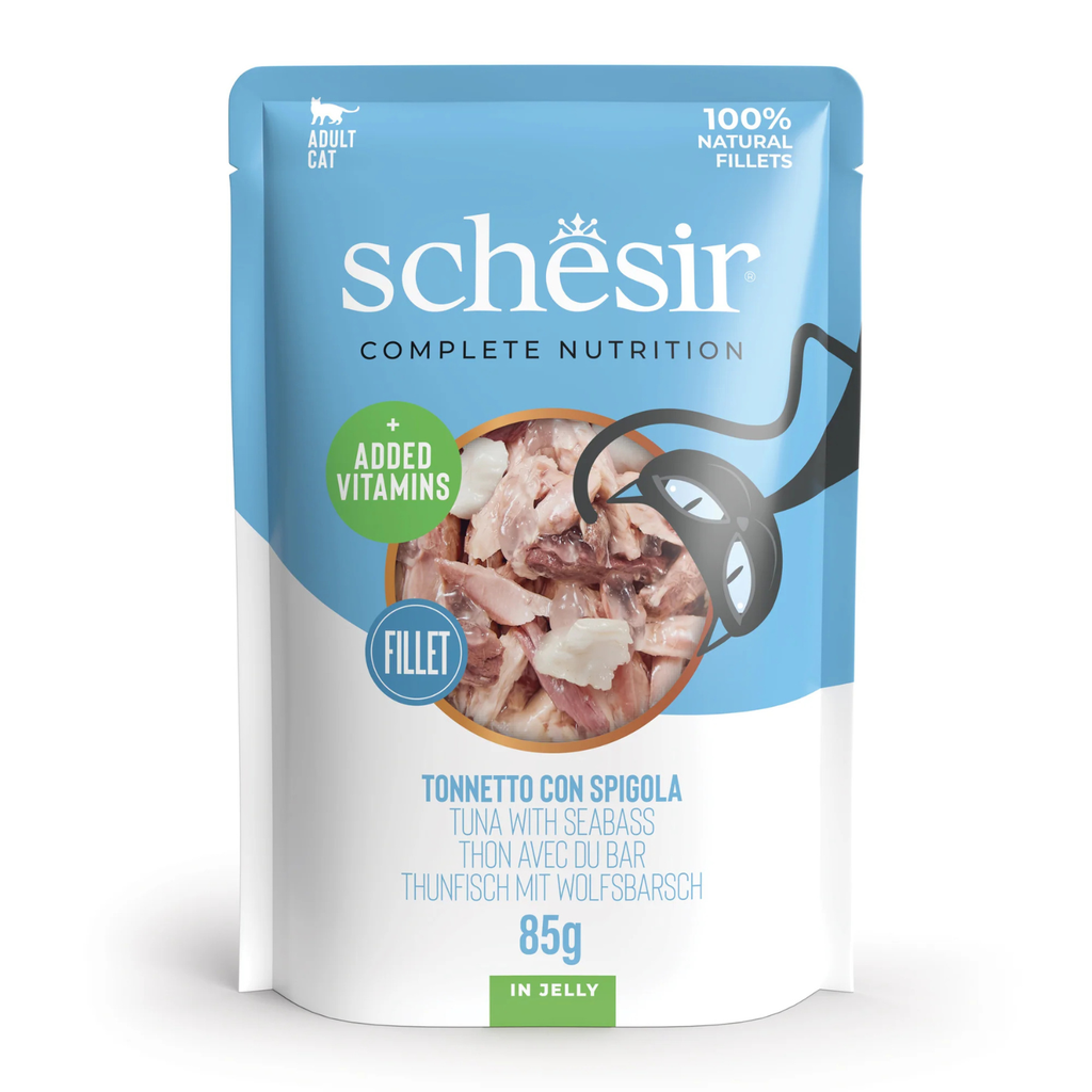 طعام القطط الرطب Schesir Complete &amp; Balanced Nutrition في أكياس جيلي - تونة مع قاروص 85 غرام [الحد الأدنى للطلب: 12 قطعة]
