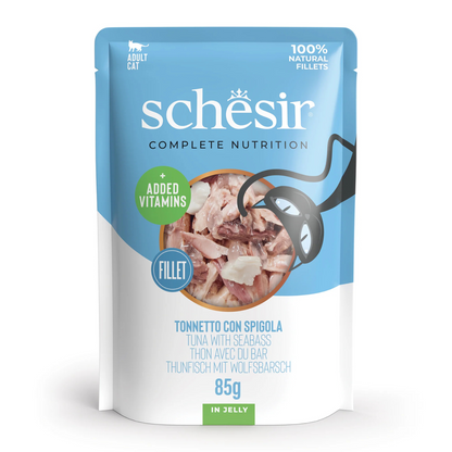 طعام القطط الرطب Schesir Complete &amp; Balanced Nutrition في أكياس جيلي - تونة مع قاروص 85 غرام [الحد الأدنى للطلب: 12 قطعة]