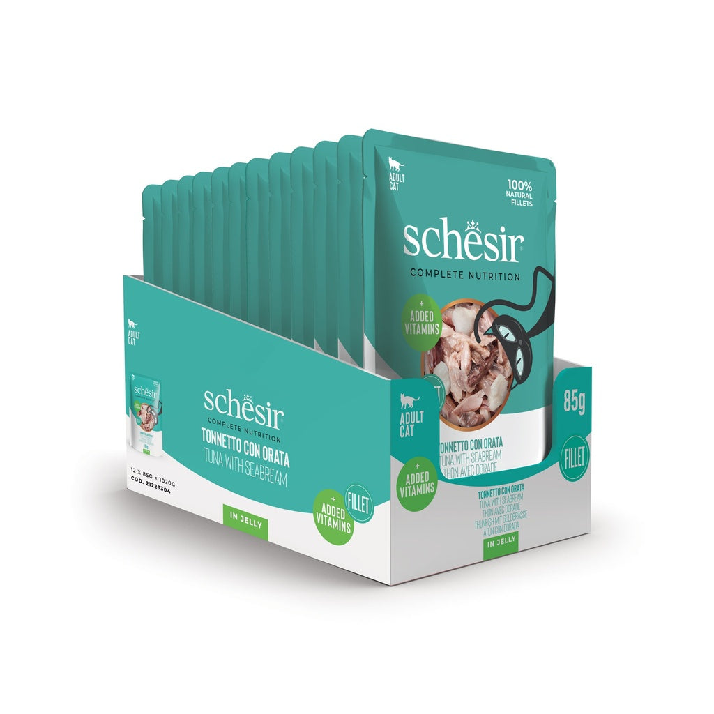 طعام القطط الرطب Schesir Complete &amp; Balanced Nutrition في أكياس جيلي - تونة مع سمك الدنيس 85 غرام [الحد الأدنى للطلب: 12 قطعة]