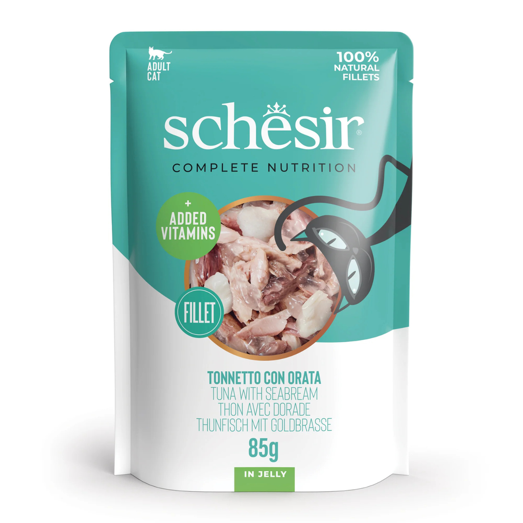 طعام القطط الرطب Schesir Complete &amp; Balanced Nutrition في أكياس جيلي - تونة مع سمك الدنيس 85 غرام [الحد الأدنى للطلب: 12 قطعة]