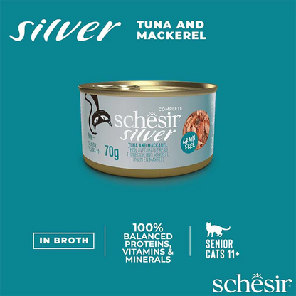 Schesir Silver Senior Cat Wholefood - Tuna And Mackerel 70g (Min Order- 12 Cans)
