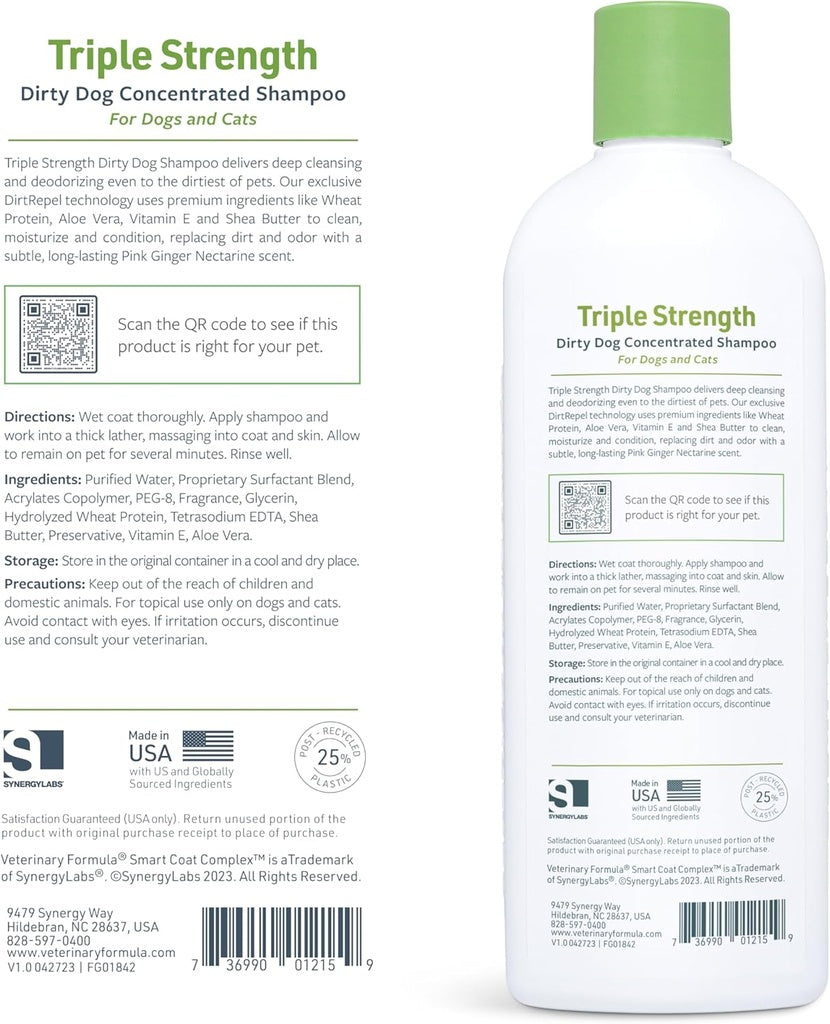 Synergy Labs Veterinary Formula Solutions Triple Strength Dirty Dog Concentrated Shampoo 17oz - 503ml