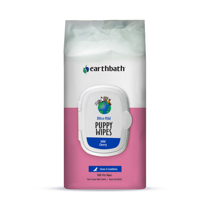 earthbath® Ultra-Mild Puppy Wipes, Wild Cherry, Cleans &amp; Conditions, 100 ct plant-based wipes in re-sealable pouch