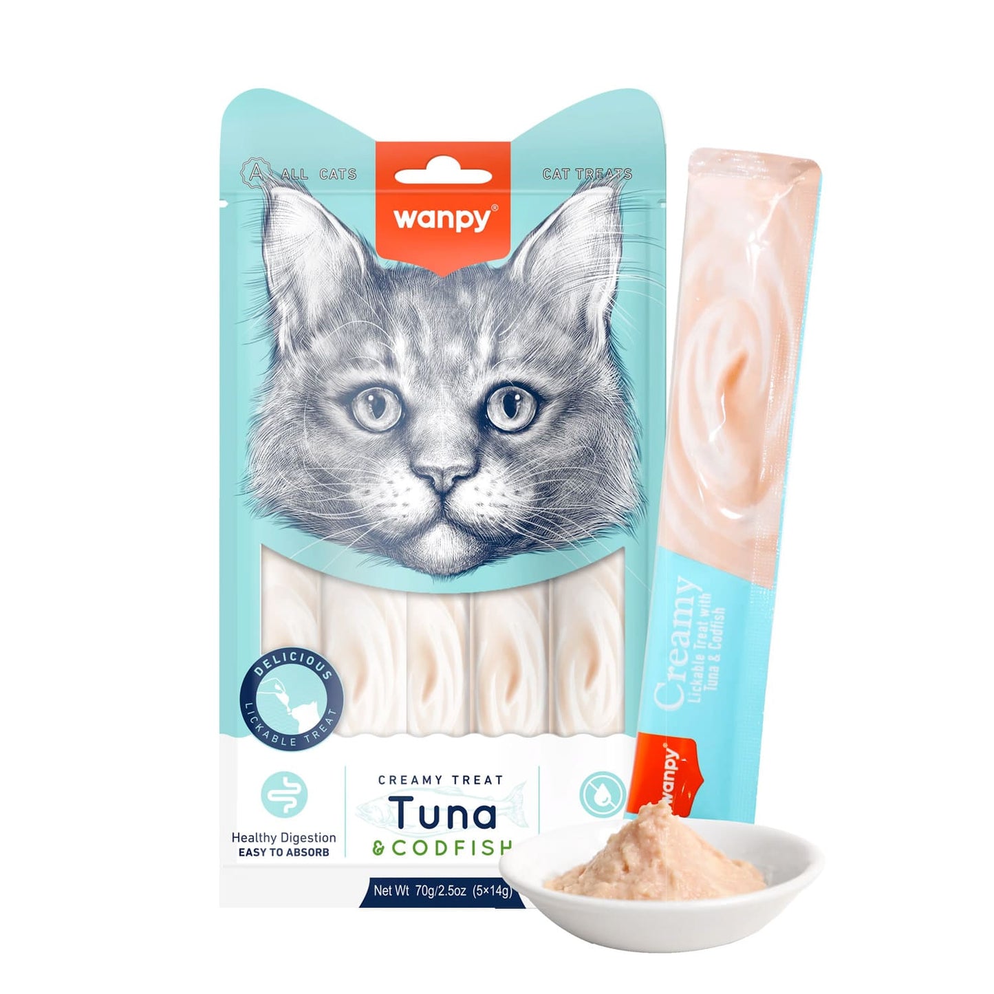 Wanpy Creamy Lickable Cat Treats - Tuna &amp; Codfish (14gx5)