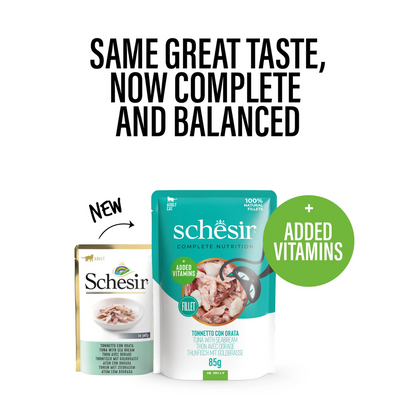 طعام القطط الرطب Schesir Complete &amp; Balanced Nutrition في أكياس جيلي - تونة مع سمك الدنيس 85 غرام [الحد الأدنى للطلب: 12 قطعة]