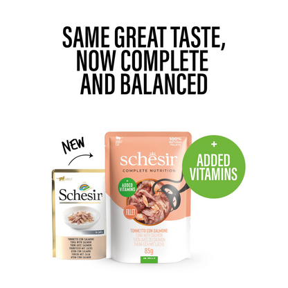 طعام القطط الرطب Schesir Complete &amp; Balanced Nutrition في أكياس جيلي - تونة مع سلمون 85 غرام [الحد الأدنى للطلب: 12 قطعة]