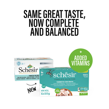 طعام القطط الرطب Schesir Complete &amp; Balanced Nutrition في علبة جيلي [عبوة متعددة] - تونة مع سمك الدنيس - (6 × 50 جم)
