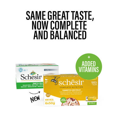 طعام القطط الرطب Schesir Complete &amp; Balanced Nutrition في علبة جيلي [عبوة متعددة] - تونة مع دجاج - (6 × 50 غرام)