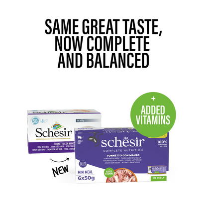 طعام القطط الرطب Schesir Complete &amp; Balanced Nutrition في علبة جيلي [عبوة متعددة] - تونة مع لحم بقري - (6 × 50 غرام)