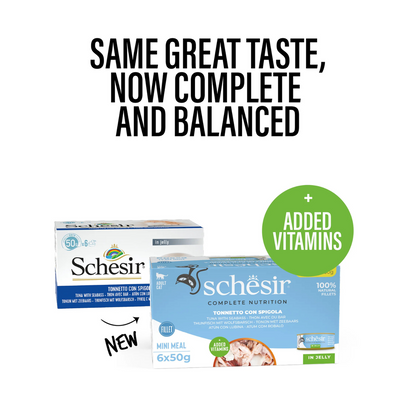 طعام القطط الرطب Schesir Complete &amp; Balanced Nutrition في علبة جيلي [عبوة متعددة] - تونة مع قاروص - (6 × 50 جم)