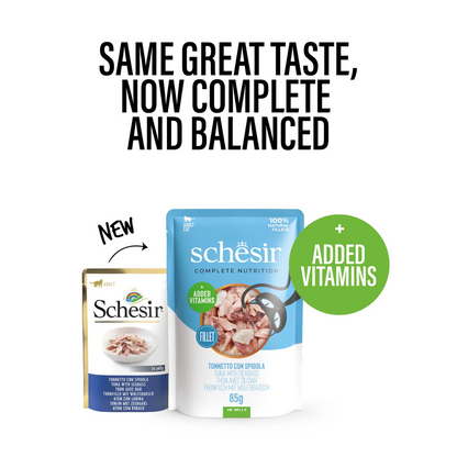 طعام القطط الرطب Schesir Complete &amp; Balanced Nutrition في أكياس جيلي - تونة مع قاروص 85 غرام [الحد الأدنى للطلب: 12 قطعة]