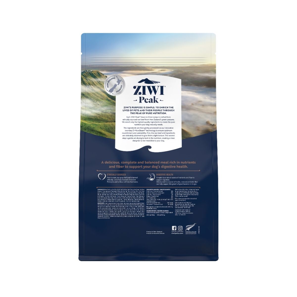 طعام الكلاب الجاف ZIWI Peak بنكهة لحم البقر المُغذّى على العشب والمُطهّر والمُجفّف مع اليقطين 800 غرام/NA