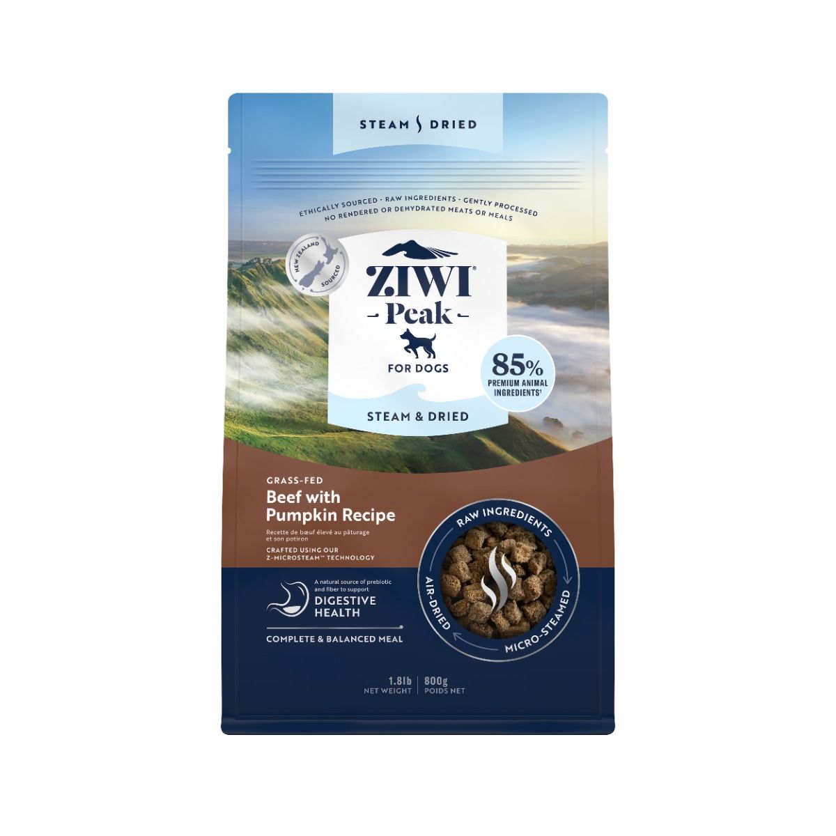 طعام الكلاب الجاف ZIWI Peak بنكهة لحم البقر المُغذّى على العشب والمُطهّر والمُجفّف مع اليقطين 800 غرام/NA